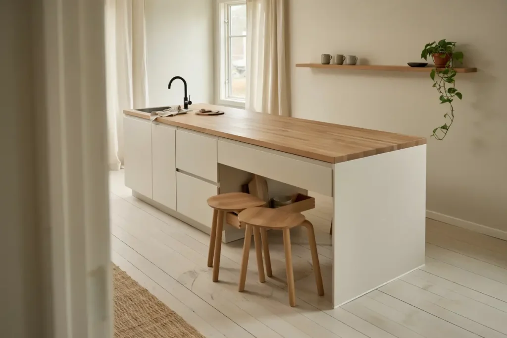platsbyggd k ks med sittplats och smart f rvaring i s var
